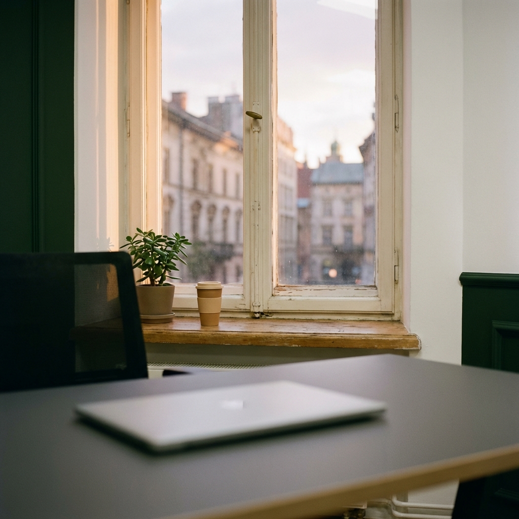 Window at dusk with warm light